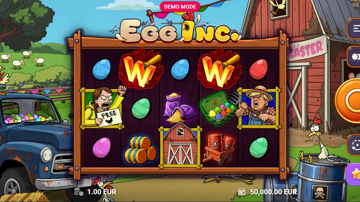 Tampilan visual slot Egg Inc. dengan tema peternakan kartun yang ceria