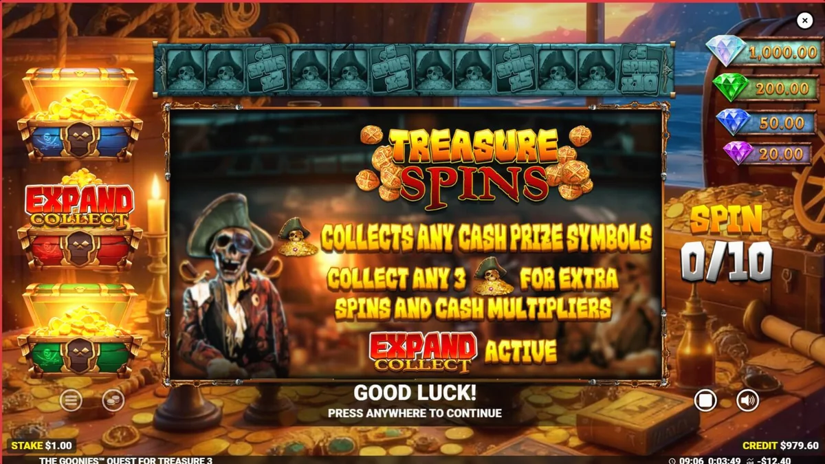 The Goonies Quest for Treasure 3 slot game interface featuring iconic characters and treasure map elements