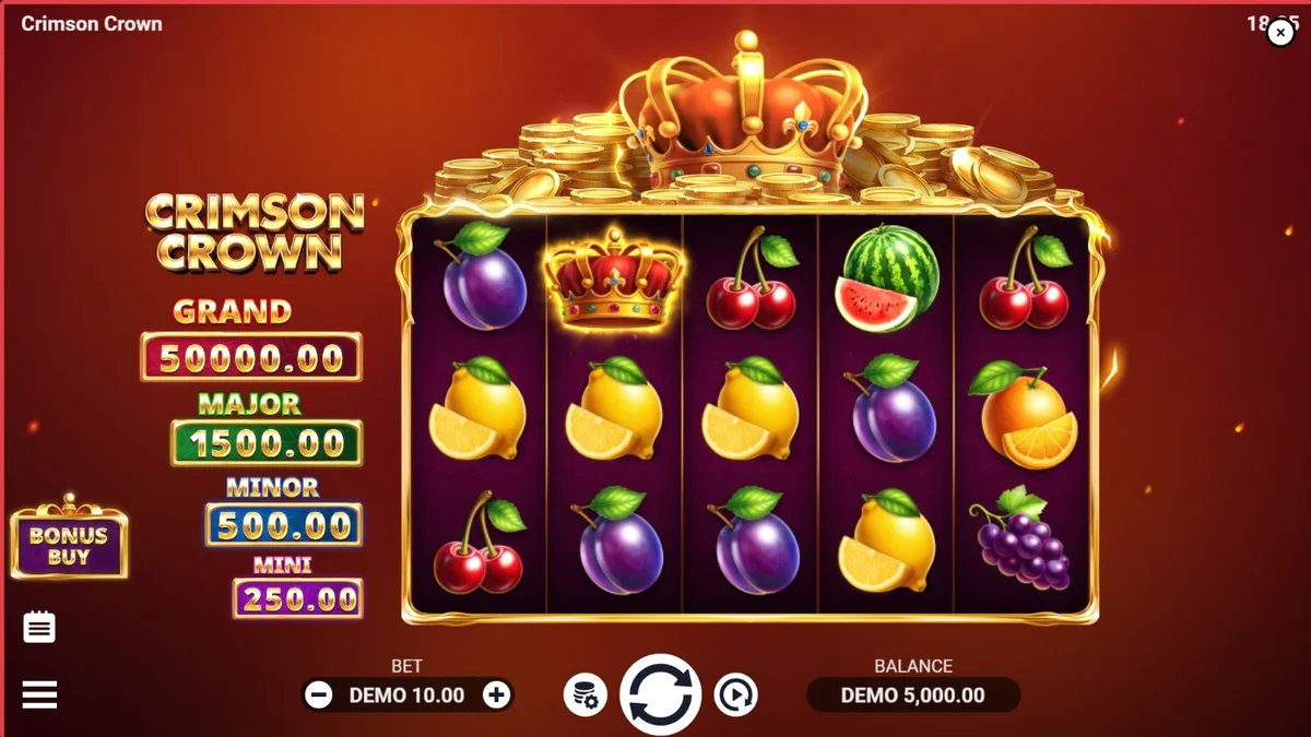 Tampilan visual slot Crimson Crown dengan tema buah mewah dan mahkota emas.