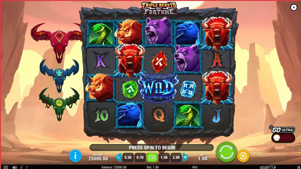 Tampilan visual slot Triple Beasts of Fortune dengan latar belakang ngarai prasejarah